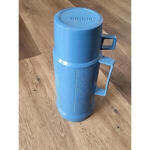 Vintage Thermos Light Blue 100F Filler Stopper Cup  Cap Vacuum Flask Glass Lined